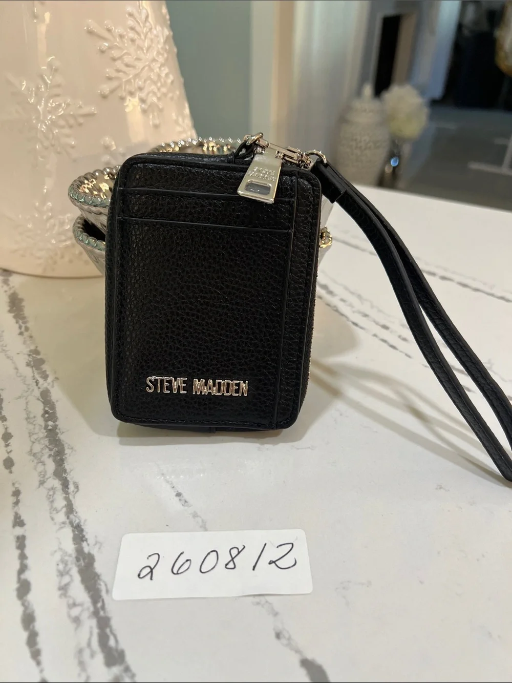 Steve Madden Black Pebbled Leather Wristlet Card Case with Silver Hardware